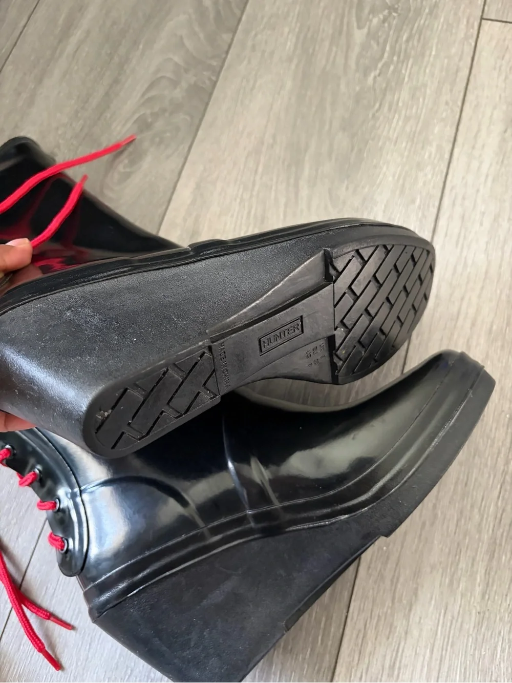 Hunter Black Wedge Rain Boots with Red Lace Detail
